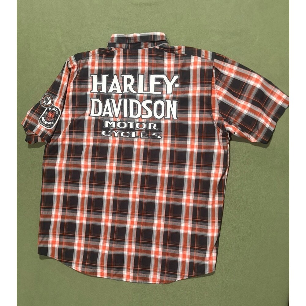 Men’s Harley Davidson Embroidered Plaid Button-Down Shirt Size XL Graphic Orange